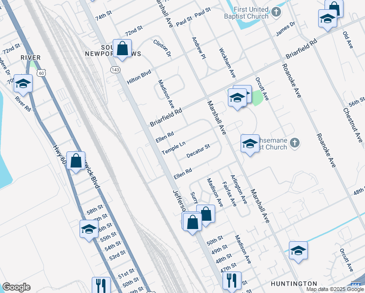 map of restaurants, bars, coffee shops, grocery stores, and more near 622 Temple Lane in Newport News