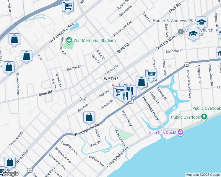 map of restaurants, bars, coffee shops, grocery stores, and more near in Hampton