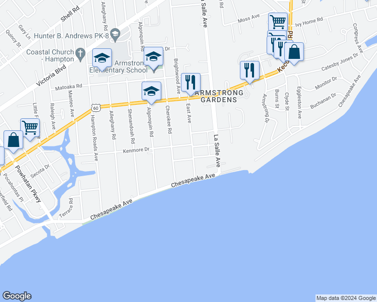 map of restaurants, bars, coffee shops, grocery stores, and more near 93 East Avenue in Hampton