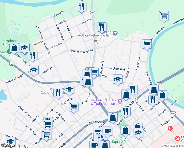 map of restaurants, bars, coffee shops, grocery stores, and more near 601 Gordon Avenue in Bowling Green