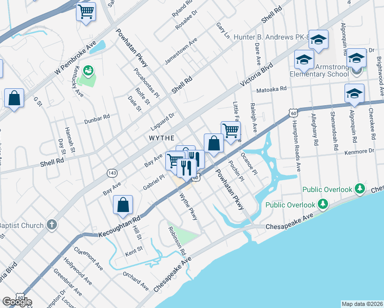 map of restaurants, bars, coffee shops, grocery stores, and more near 248 Pocahontas Place in Hampton