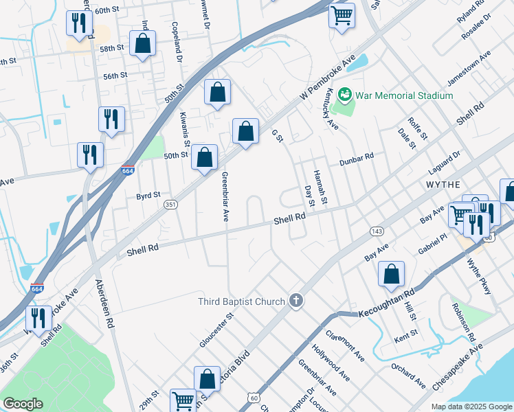 map of restaurants, bars, coffee shops, grocery stores, and more near 36 Suburban Parkway in Hampton