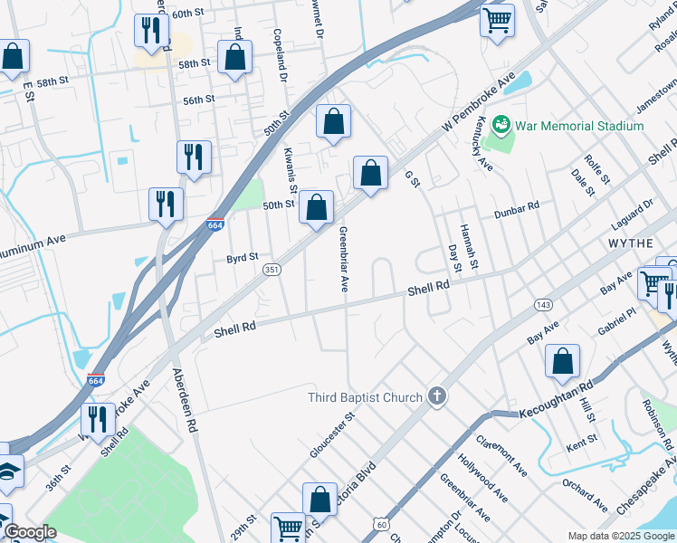 map of restaurants, bars, coffee shops, grocery stores, and more near 661 Greenbriar Avenue in Hampton