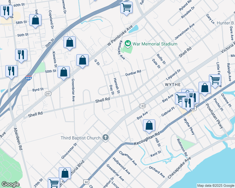 map of restaurants, bars, coffee shops, grocery stores, and more near 1213 Shell Road in Hampton