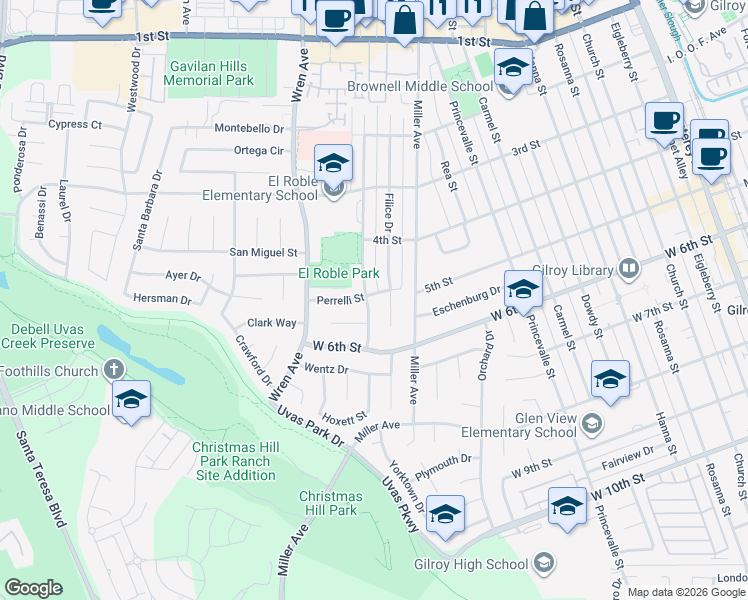map of restaurants, bars, coffee shops, grocery stores, and more near 7490 Santa Theresa Drive in Gilroy