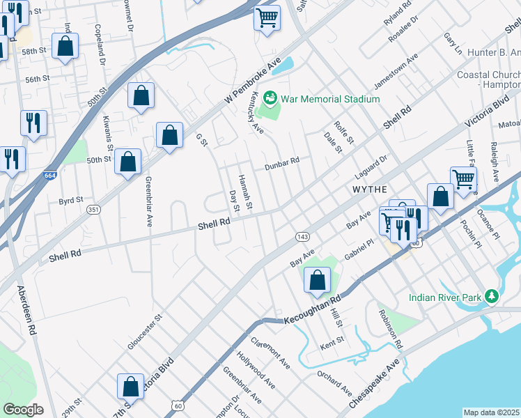 map of restaurants, bars, coffee shops, grocery stores, and more near 604 Pennsylvania Avenue in Hampton