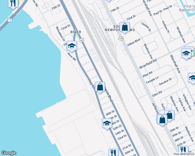 map of restaurants, bars, coffee shops, grocery stores, and more near 319 65th Street in Newport News