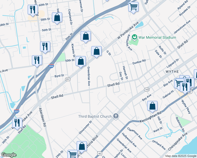 map of restaurants, bars, coffee shops, grocery stores, and more near 16 Suburban Parkway in Hampton