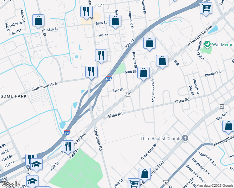 map of restaurants, bars, coffee shops, grocery stores, and more near 638 Birch Avenue in Hampton