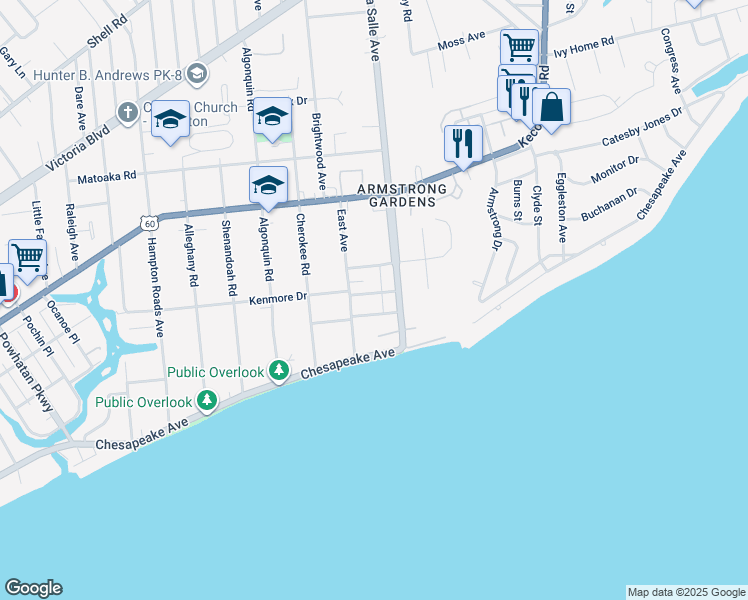 map of restaurants, bars, coffee shops, grocery stores, and more near 3620 Kenmore Drive in Hampton