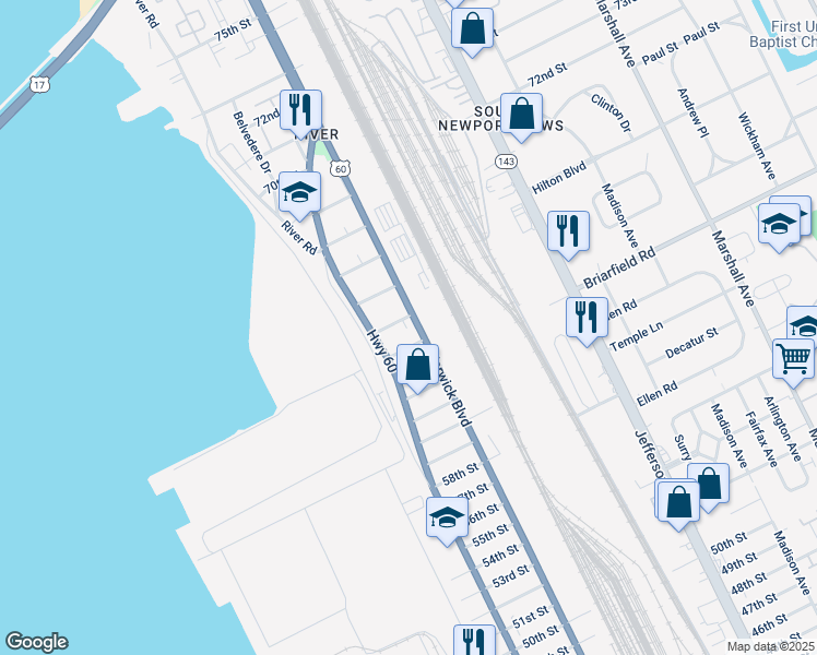 map of restaurants, bars, coffee shops, grocery stores, and more near 319 65th Street in Newport News