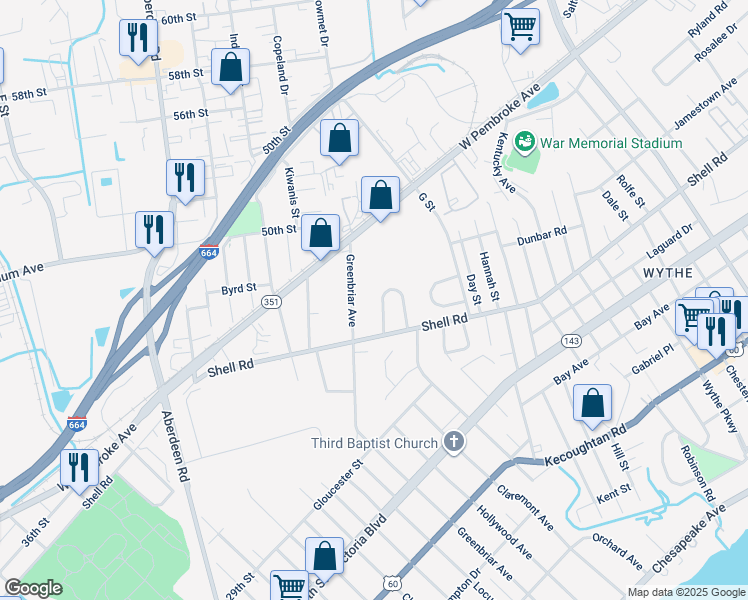 map of restaurants, bars, coffee shops, grocery stores, and more near 17 Suburban Parkway in Hampton