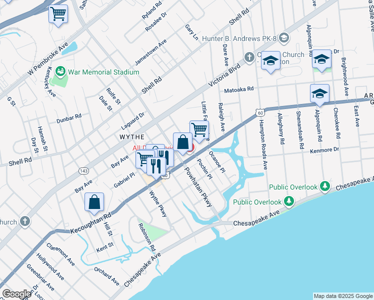 map of restaurants, bars, coffee shops, grocery stores, and more near 214 Pochin Place in Hampton