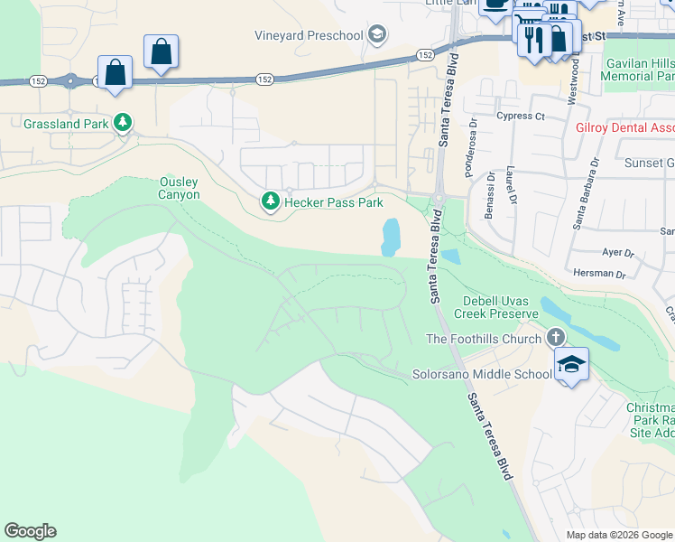 map of restaurants, bars, coffee shops, grocery stores, and more near 1963 Saint Andrews Circle in Gilroy