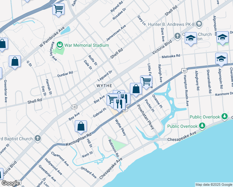 map of restaurants, bars, coffee shops, grocery stores, and more near 2409 Bay Avenue in Hampton