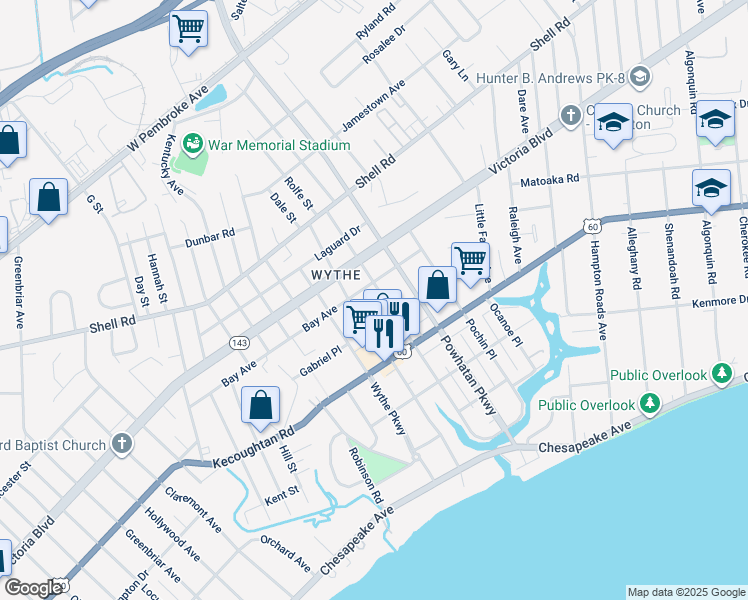 map of restaurants, bars, coffee shops, grocery stores, and more near 2409 Bay Avenue in Hampton