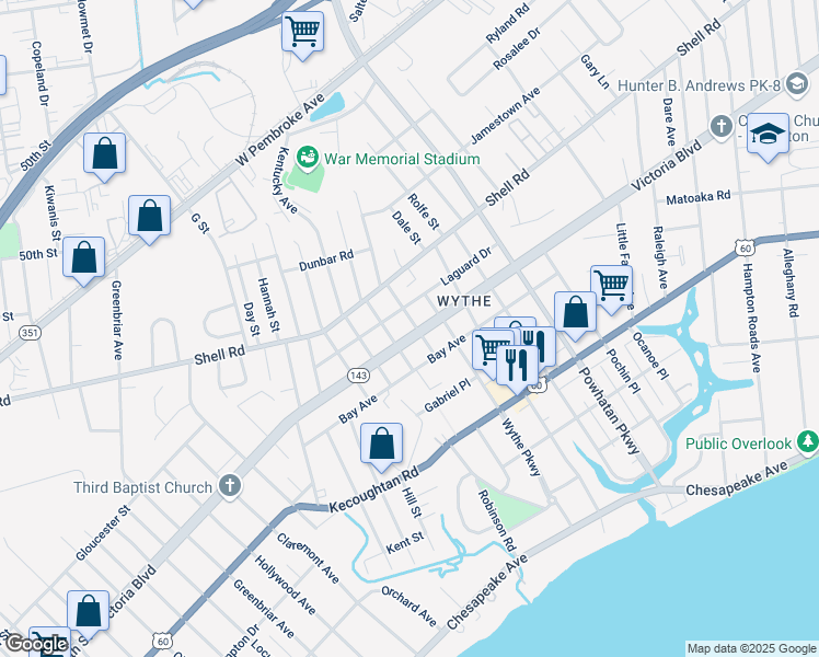 map of restaurants, bars, coffee shops, grocery stores, and more near 2115 Victoria Boulevard in Hampton