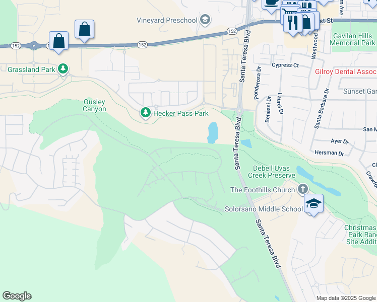 map of restaurants, bars, coffee shops, grocery stores, and more near 1959 Saint Andrews Circle in Gilroy