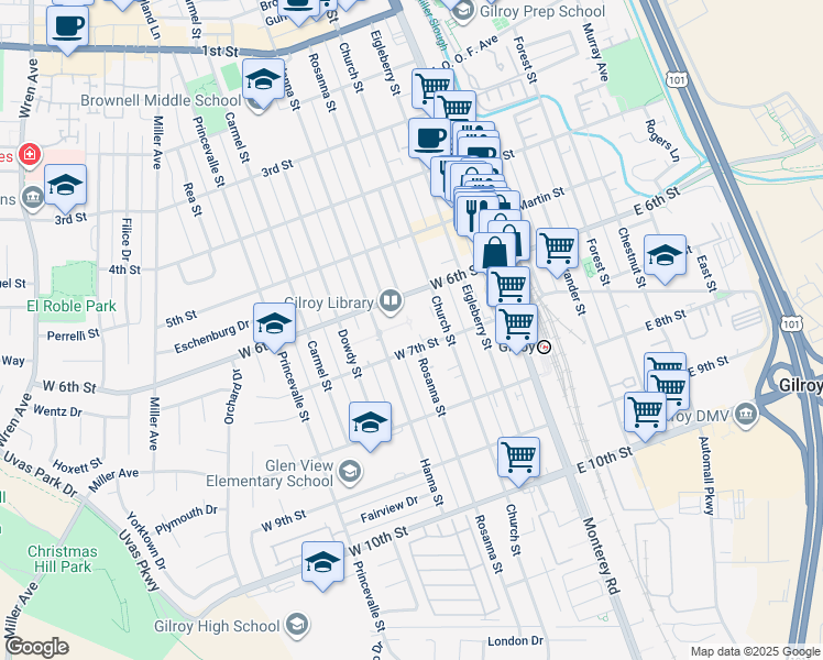 map of restaurants, bars, coffee shops, grocery stores, and more near 7387 Rosanna Street in Gilroy