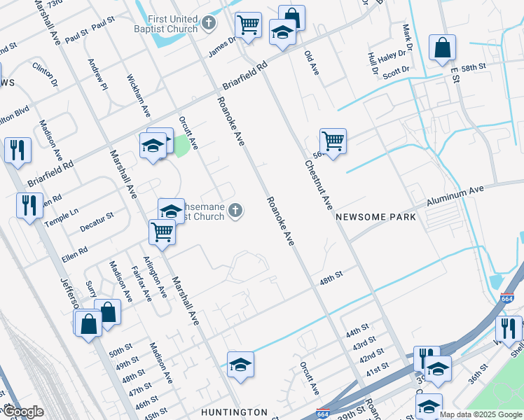 map of restaurants, bars, coffee shops, grocery stores, and more near 5401 Roanoke Avenue in Newport News