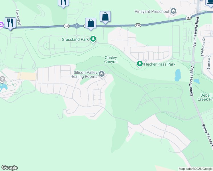 map of restaurants, bars, coffee shops, grocery stores, and more near 7545 Prestwick Court in Gilroy