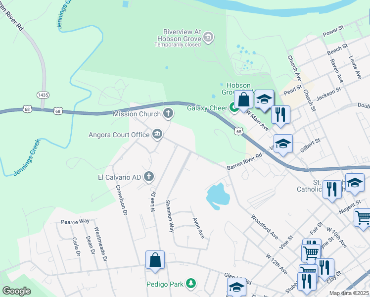 map of restaurants, bars, coffee shops, grocery stores, and more near Kentucky 1435 in Bowling Green