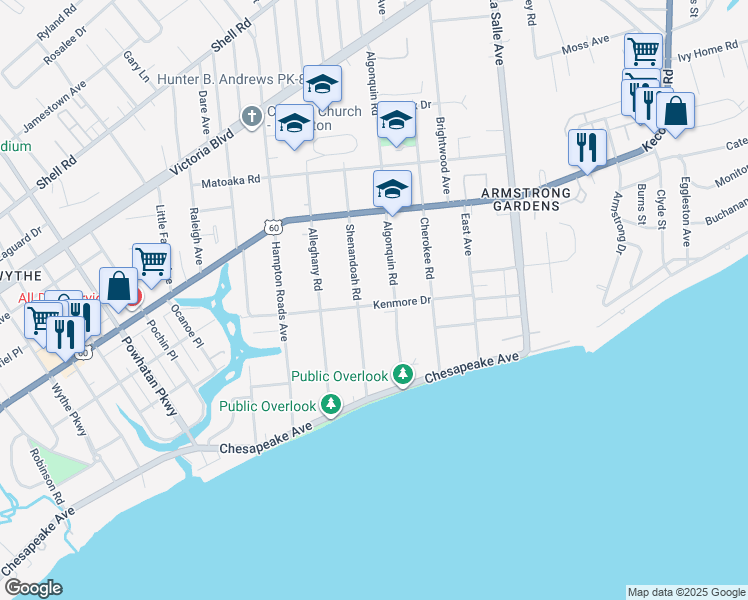 map of restaurants, bars, coffee shops, grocery stores, and more near 3307 Kenmore Drive in Hampton