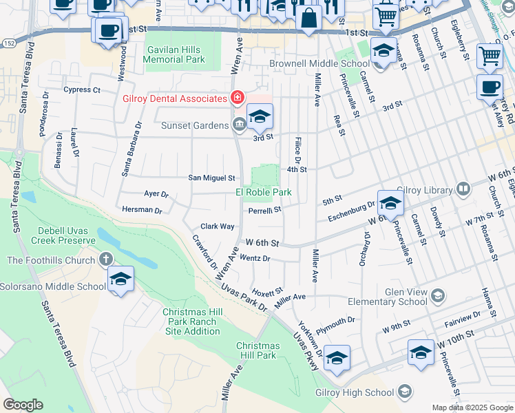 map of restaurants, bars, coffee shops, grocery stores, and more near 955 Perrelli St in Gilroy