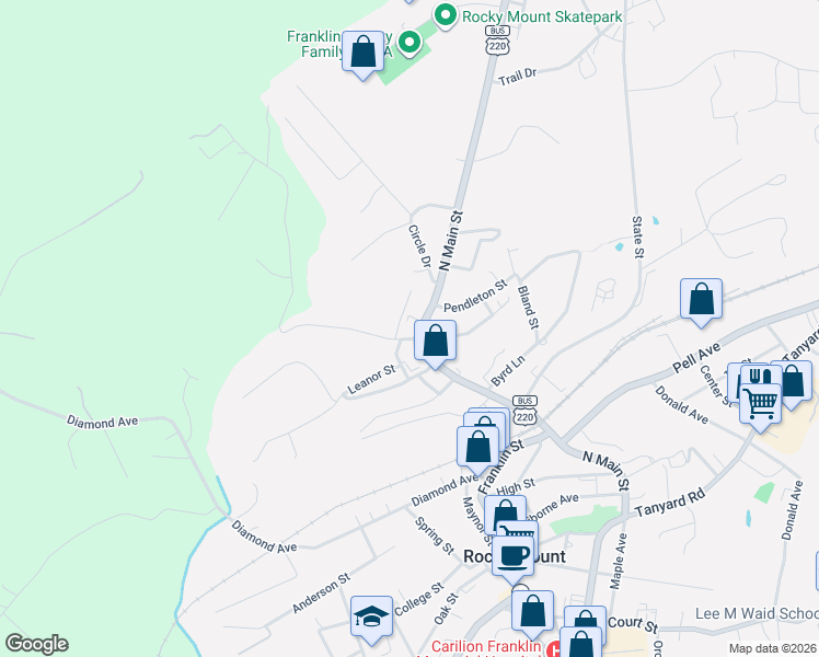 map of restaurants, bars, coffee shops, grocery stores, and more near 643 North Main Street in Rocky Mount