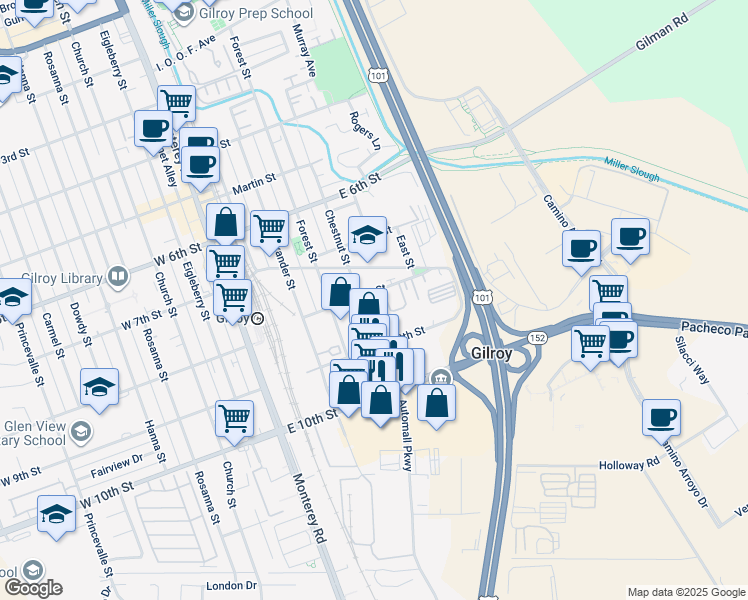 map of restaurants, bars, coffee shops, grocery stores, and more near 430 East 8th Street in Gilroy