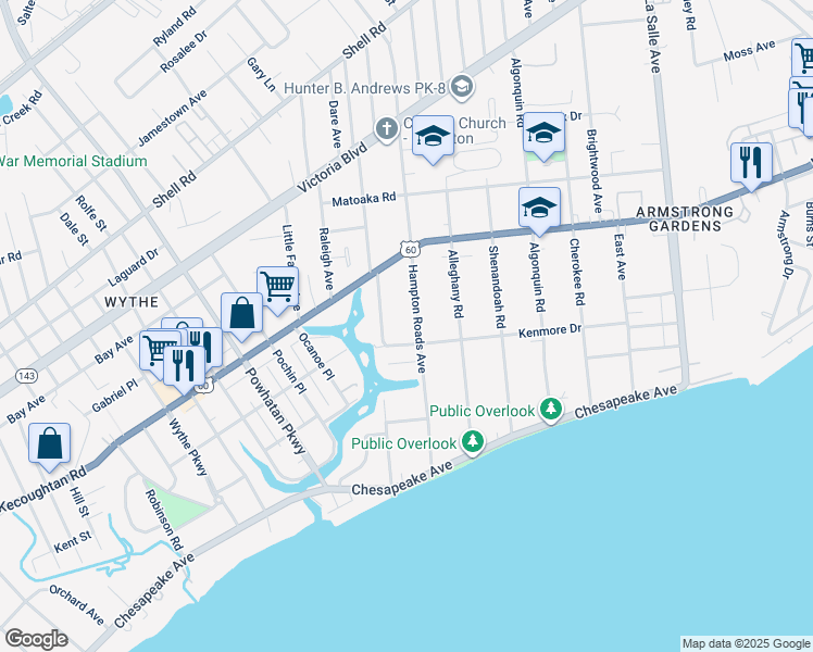 map of restaurants, bars, coffee shops, grocery stores, and more near 116 Hampton Roads Avenue in Hampton
