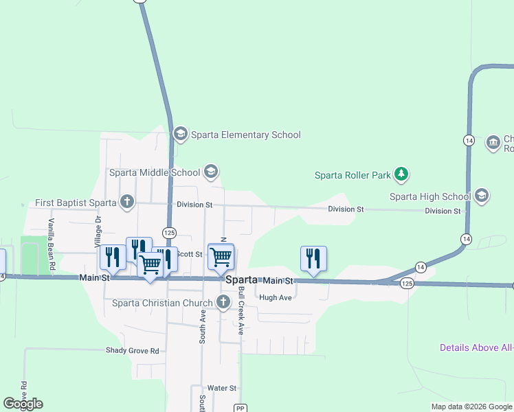 map of restaurants, bars, coffee shops, grocery stores, and more near 315-347 Division Street in Sparta