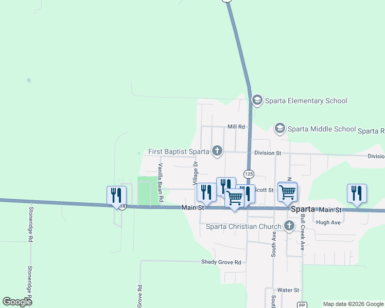 map of restaurants, bars, coffee shops, grocery stores, and more near Sugar Tree Road in Sparta