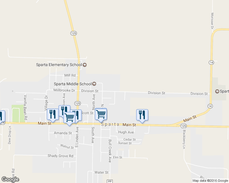 map of restaurants, bars, coffee shops, grocery stores, and more near 347 Division Street in Sparta
