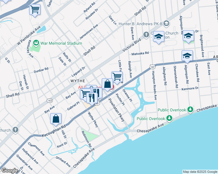 map of restaurants, bars, coffee shops, grocery stores, and more near 230 Powhatan Parkway in Hampton