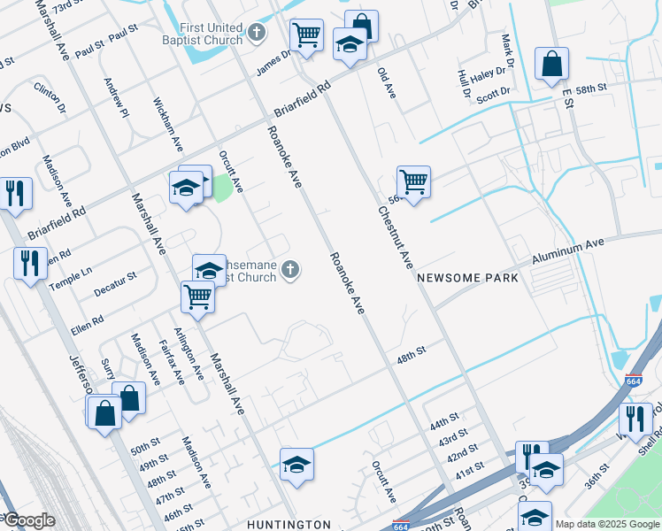 map of restaurants, bars, coffee shops, grocery stores, and more near 5401 Roanoke Avenue in Newport News