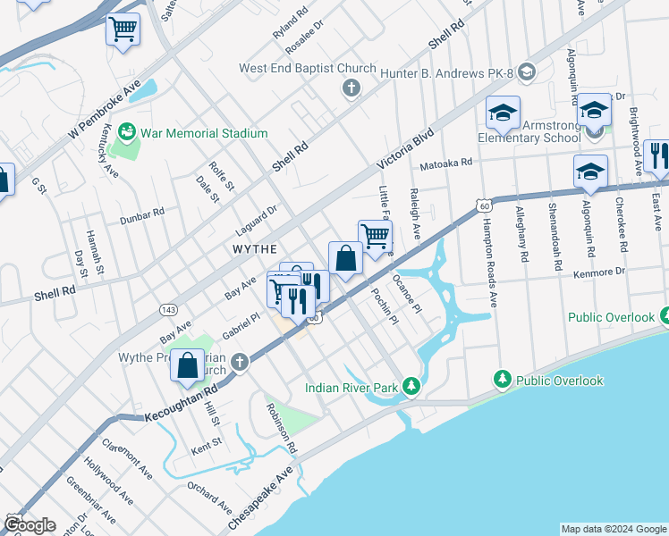map of restaurants, bars, coffee shops, grocery stores, and more near 230 Powhatan Parkway in Hampton