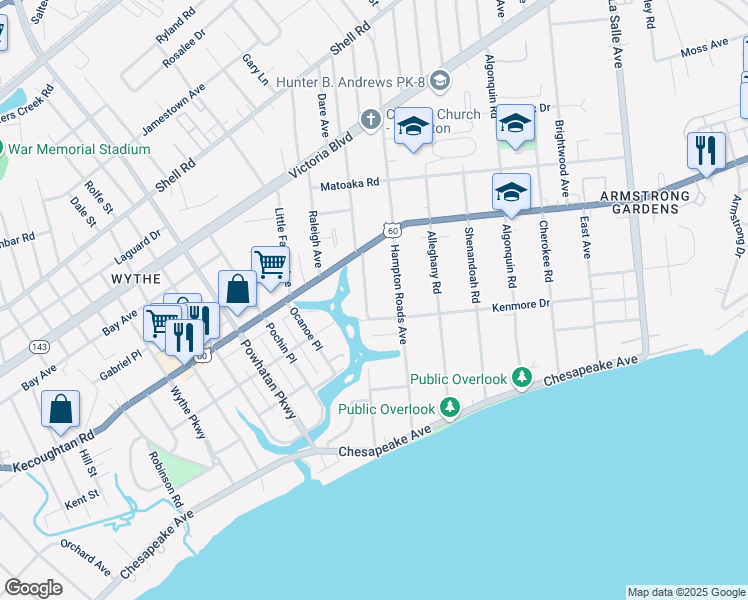 map of restaurants, bars, coffee shops, grocery stores, and more near 126 Manteo Avenue in Hampton