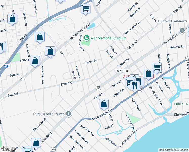 map of restaurants, bars, coffee shops, grocery stores, and more near 1510 Shell Road in Hampton