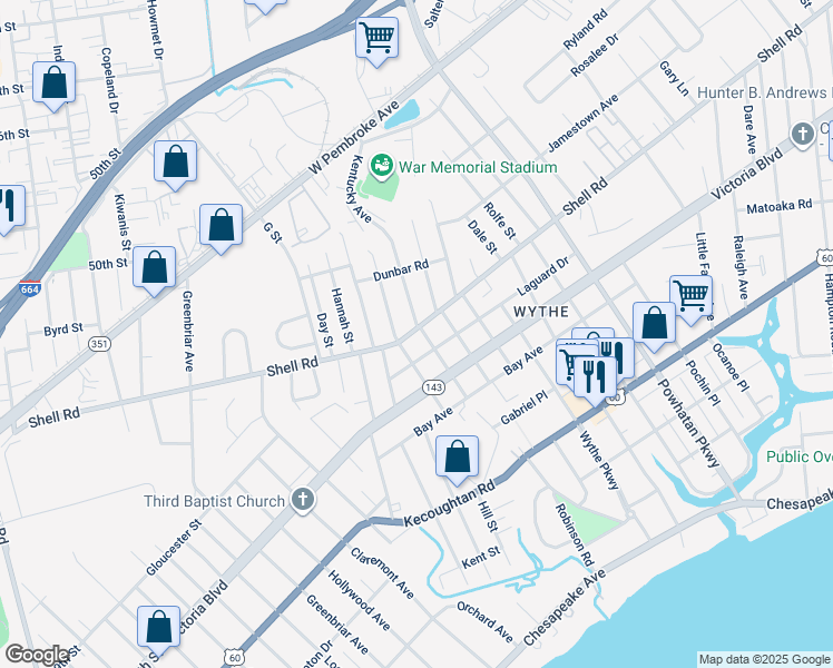 map of restaurants, bars, coffee shops, grocery stores, and more near 1510 Shell Road in Hampton