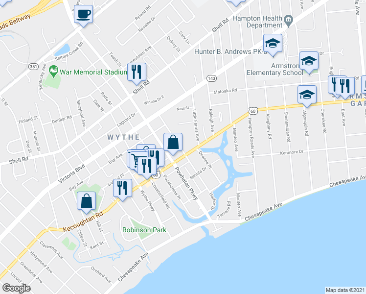 map of restaurants, bars, coffee shops, grocery stores, and more near 214 Pochin Place in Hampton