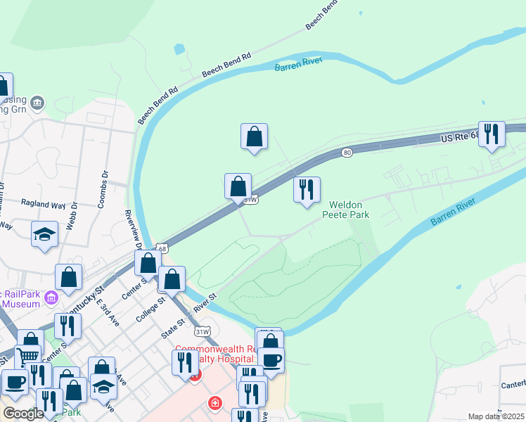 map of restaurants, bars, coffee shops, grocery stores, and more near 1388 Louisville Road in Bowling Green