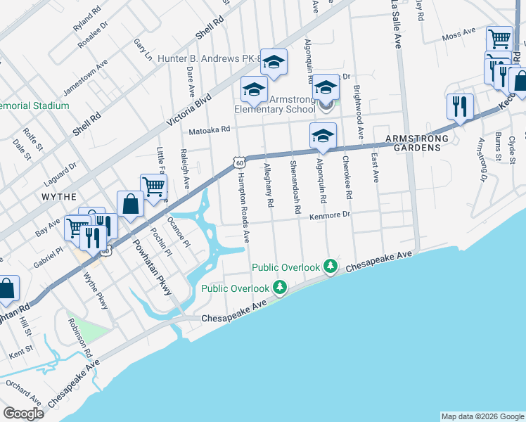 map of restaurants, bars, coffee shops, grocery stores, and more near 116 Alleghany Road in Hampton