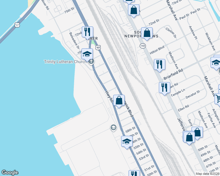 map of restaurants, bars, coffee shops, grocery stores, and more near 319 65th Street in Newport News