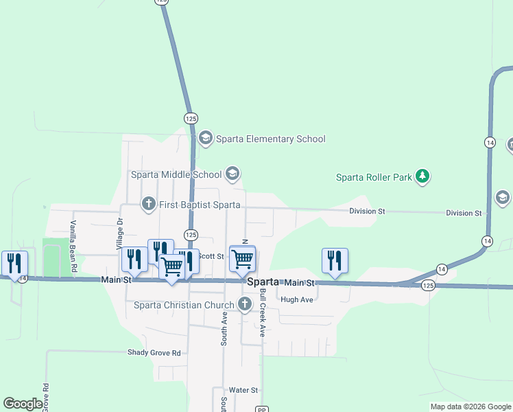 map of restaurants, bars, coffee shops, grocery stores, and more near 400-498 North Oak Avenue in Sparta