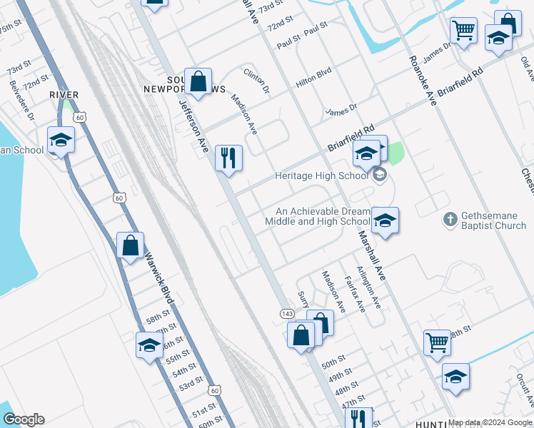 map of restaurants, bars, coffee shops, grocery stores, and more near 606 Ellen Road in Newport News