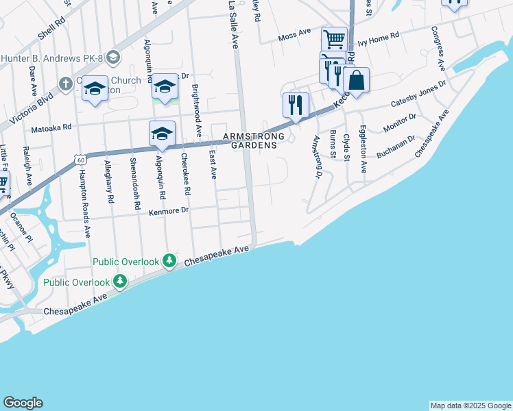 map of restaurants, bars, coffee shops, grocery stores, and more near 100 LaSalle Avenue in Hampton