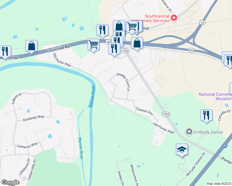 map of restaurants, bars, coffee shops, grocery stores, and more near 1001-1099 Overboard Court in Bowling Green
