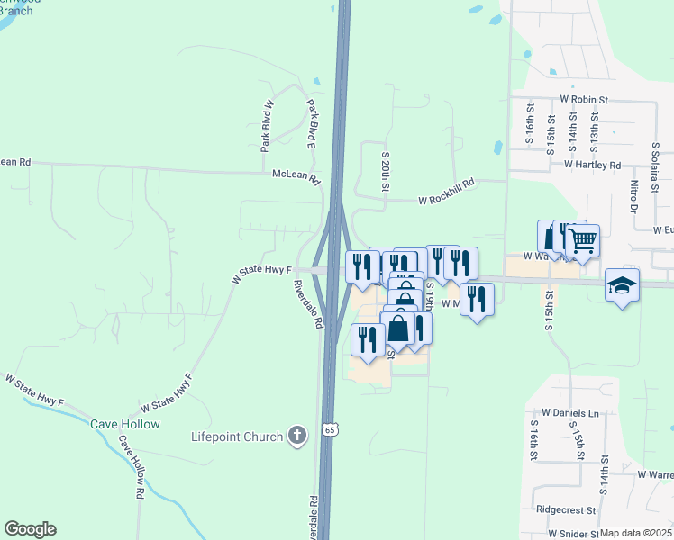 map of restaurants, bars, coffee shops, grocery stores, and more near U.S. 65 in Ozark