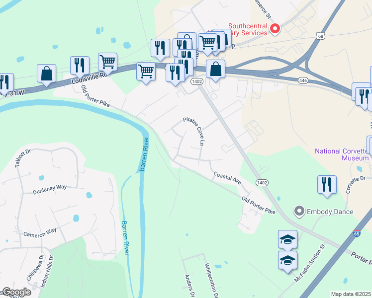 map of restaurants, bars, coffee shops, grocery stores, and more near 1001 Overboard Court in Bowling Green